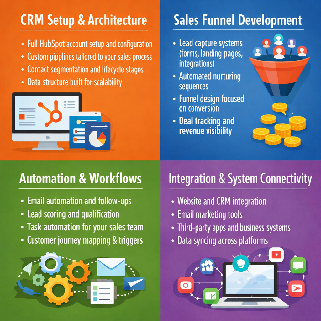 CRM Setup ArchitectureFull HubSpot account setup and configurationCustom pipelines tailored to your sales processContact segmentation and lifecycle s CRM Setup ArchitectureFull HubSpot account setup and configurationCustom pipelines tailored to your sales processContact segmentation and lifecycle s